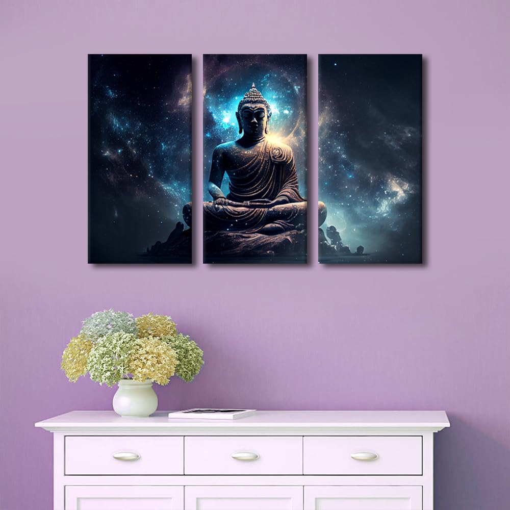 Canvas Wall Art 3 Panel Office Decor Buddha Mysterious Universe Poster Prints on Canvas Modern Buddha Painting Artwork Buddhist Believers Bedroom Home Wall Decor Stretched Ready to Hang 36x24 in (36x24 in / 3PANEL-14)