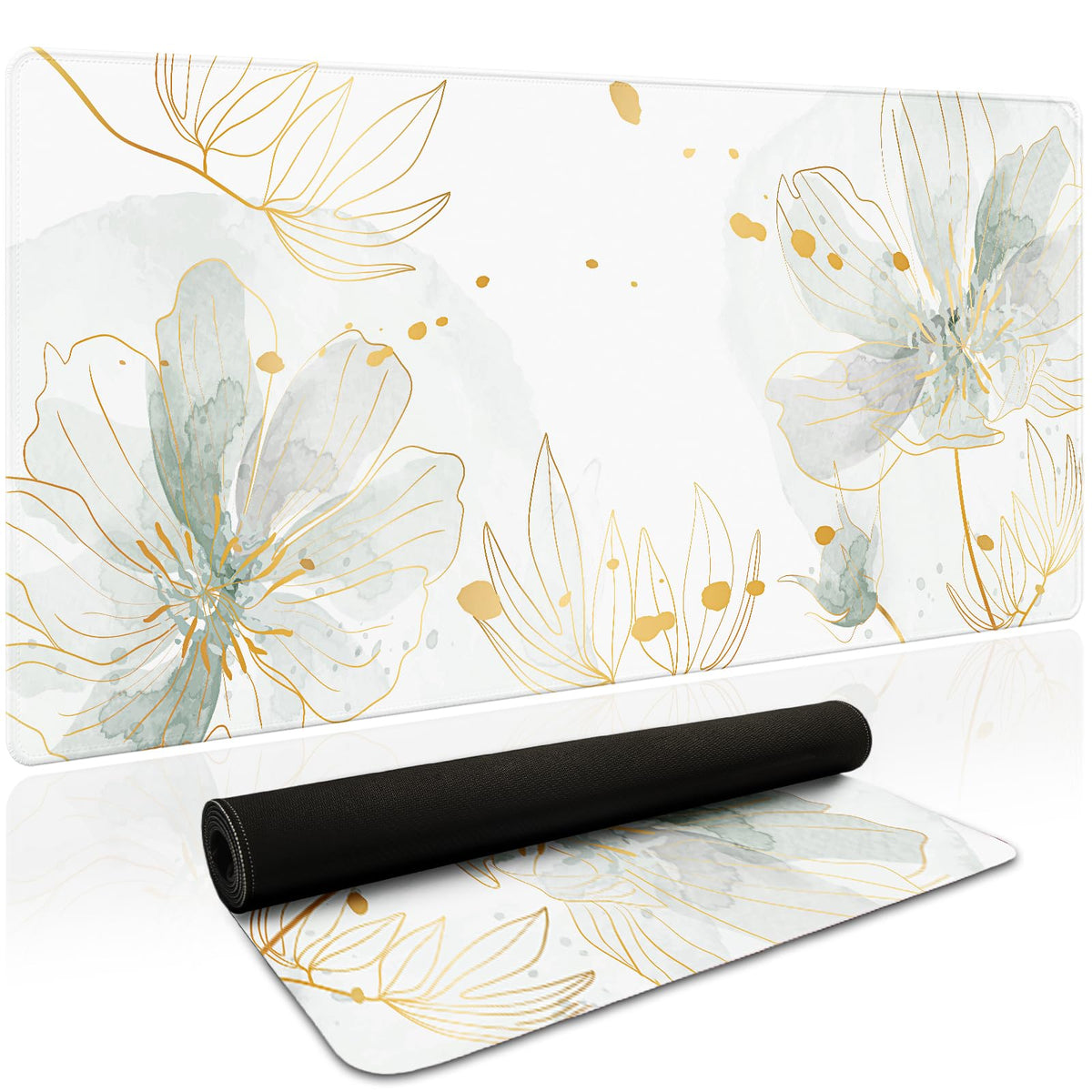 Green Desk Mat (Dusty Green Watercolor Floral / 35.4" x 15.7")