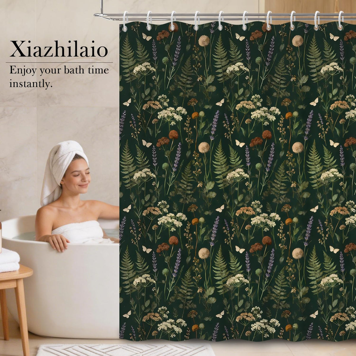 Dark Green Botanical Shower Curtain with Hooks (Dark Green Floral / 72"W x 78"L (Pack of 1))