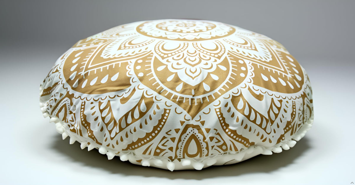 32 Inch Meditation Floor Pillows Cover Round Pillow Cover Seating Hippie Decorative Bohemian Mandala Cushion Cover Outdoor Yoga Living Room Throw Ottoman Poufs Cover (White Gold Flower)