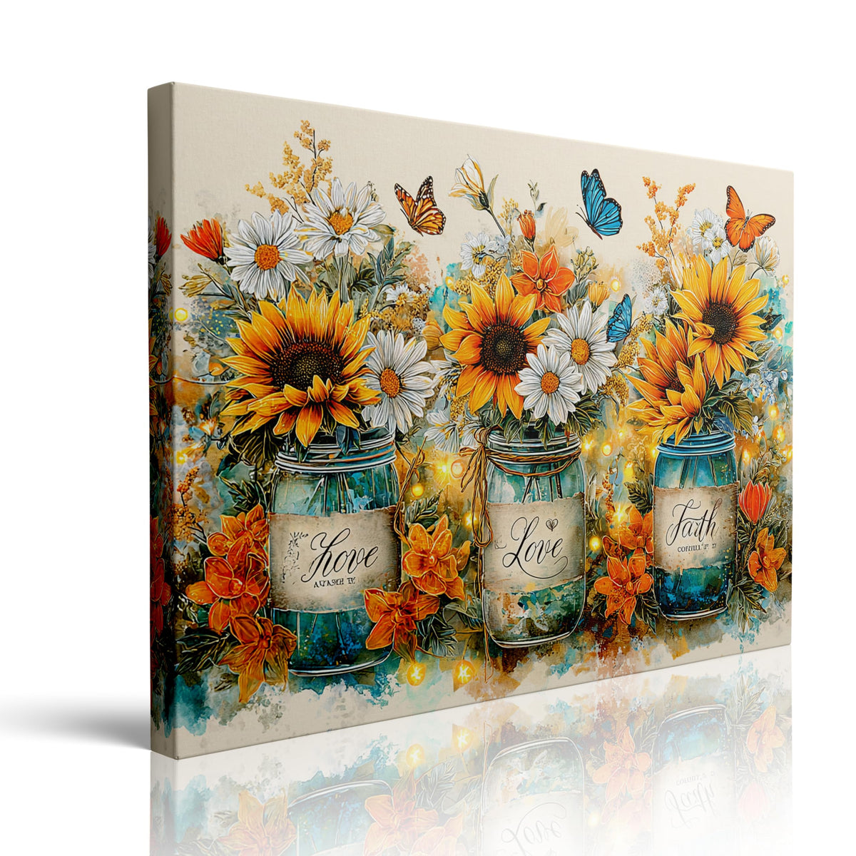 Sunflower Faith Love Canvas Wall Art Framed Painting Rustic Mason Jars with Wildflowers Butterflies Inspirational Words Farmhouse Wall Decor Artwork Print Poster 12x16 Inches (sunflower / 16"L x 12"W)