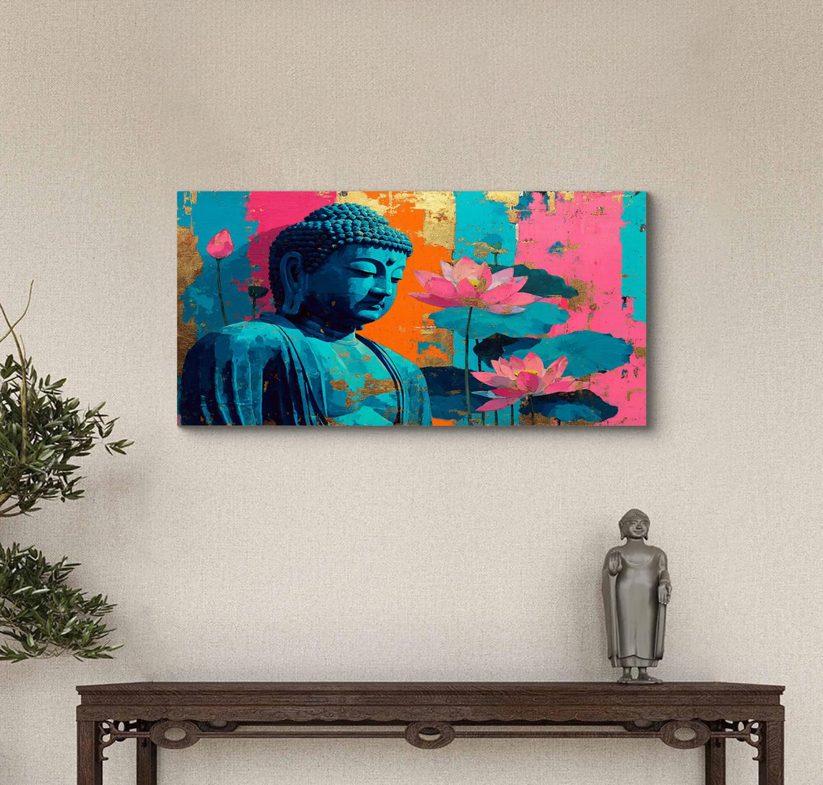 1Pcs Colorful Buddha Lotus Flower Wall Art Canvas Print with Gold Foil Vibrant Zen Meditation Decor Modern Asian Spiritual Artwork for Living Room Bedroom Yoga Studio (16"L x 8"W / 1PCS-Blue Buddha)