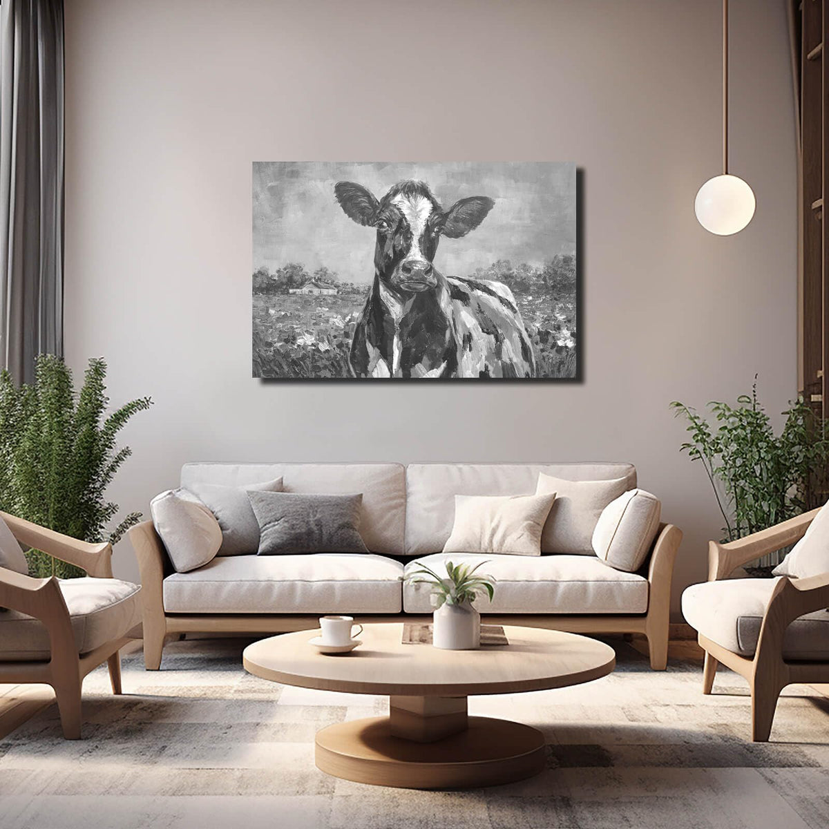 Funny Animal Wall Art Spring Pictures Wall Decor Grey Wall Decoration for Dining Room Living Room Office 24"×36" Ready to Hang (36"L x 24"W / Black & white cows)