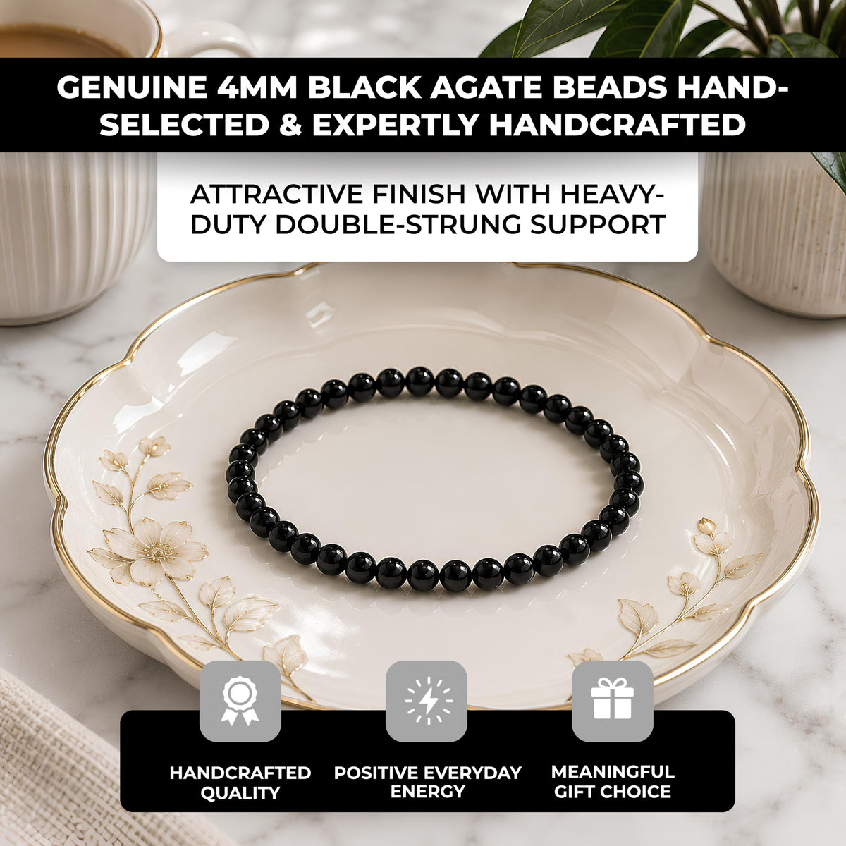 Black Agate Bracelet 4mm Beaded Bracelet (Black Agate / Small)