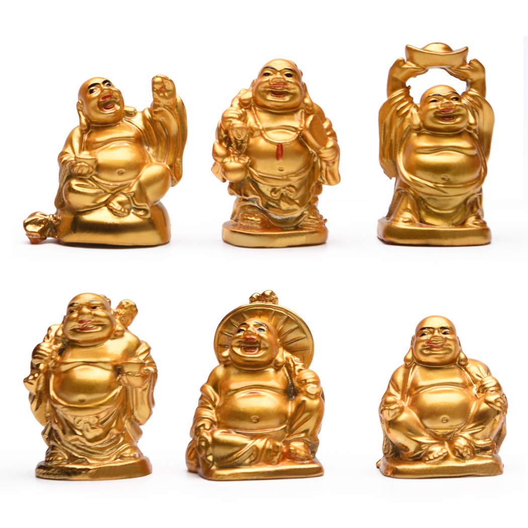 6Pcs 2'' Electroplated Gold Resin Laughing Buddha Figurines (2'' Resin Red Lips Set)