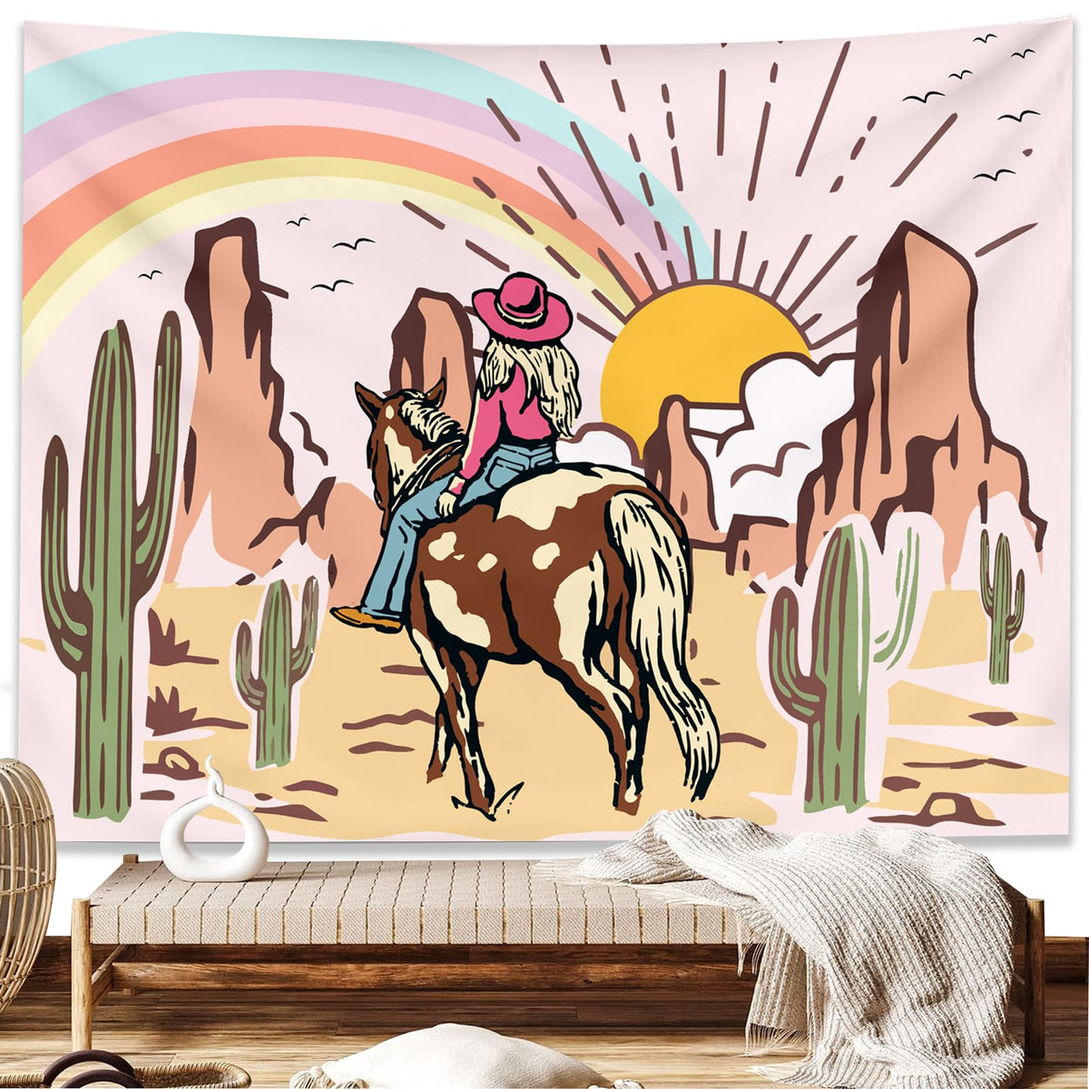 Pink Western Cowgirls Tapestry Wall Hanging for Bedroom 60ʺ x 44ʺ (Light pink / 60"L x 44"W)