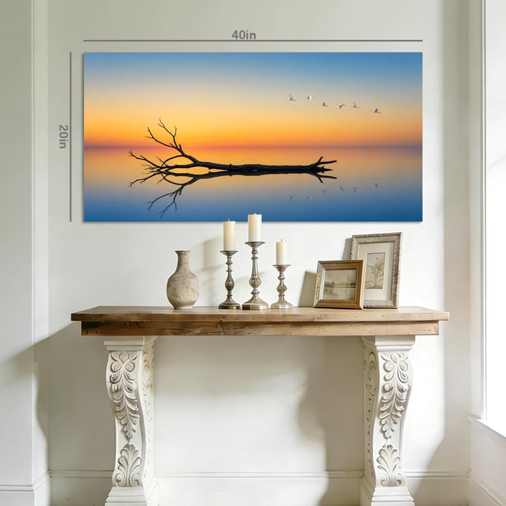 Minimalist Bare Tree Canvas Wall Art Zen Lake Reflection Landscape Painting Flat Print Gallery Wrapped Moody Artwork for Living Room Bedroom Bathroom Decor (Mysterious / Black Dead Tree Branch 18 / 46"L x 23"W)