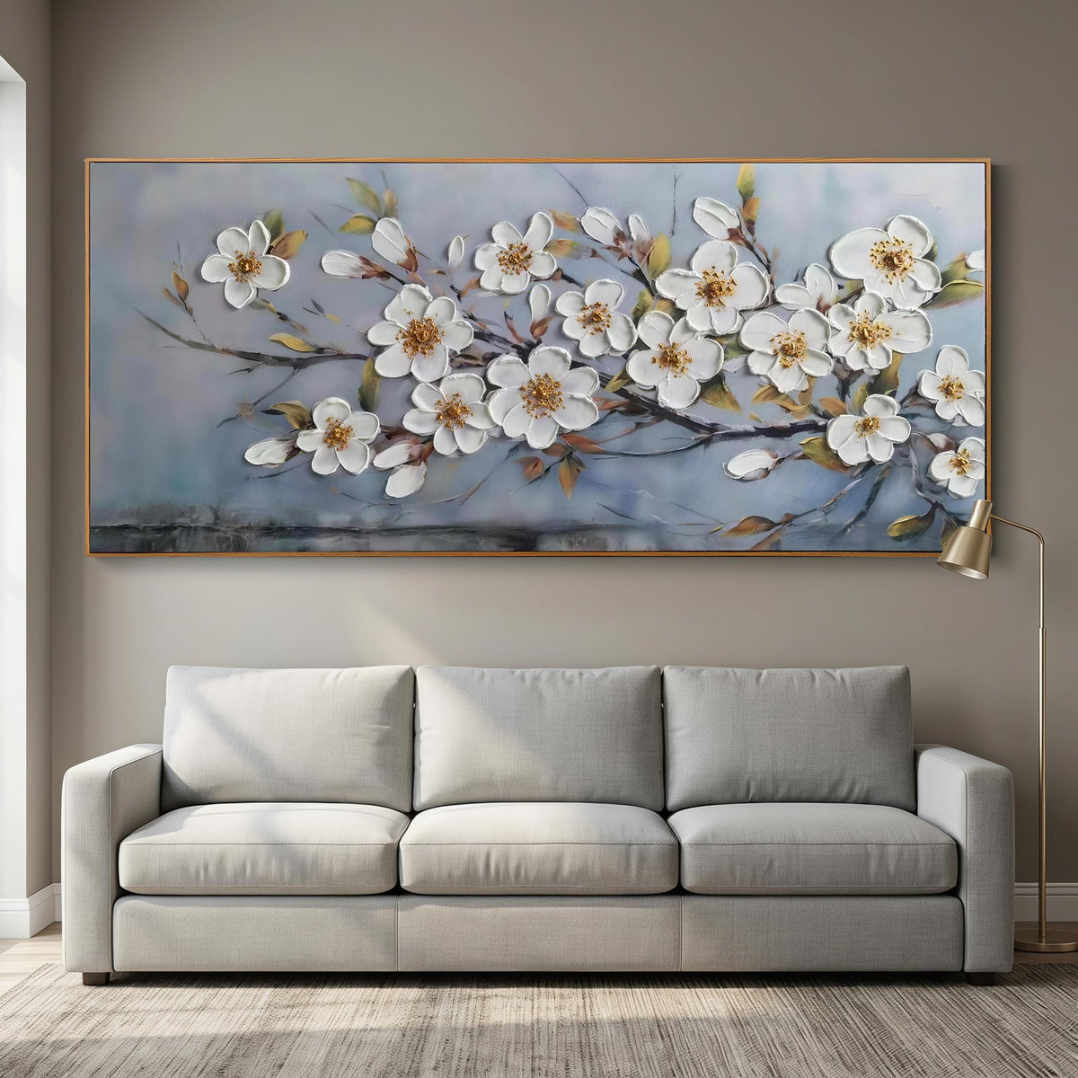 Framed Large Textured Canvas Wall Art for Living Room (White Flowers / Wood Framed / 71"L x 32"W)