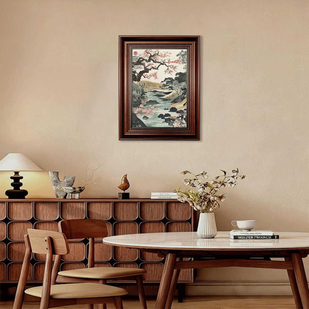 Dark Brown Framed Japanese Cherry Landscape ink painting 12x16 in (Cherry Blossom Landscape / 16"L x 12"W)