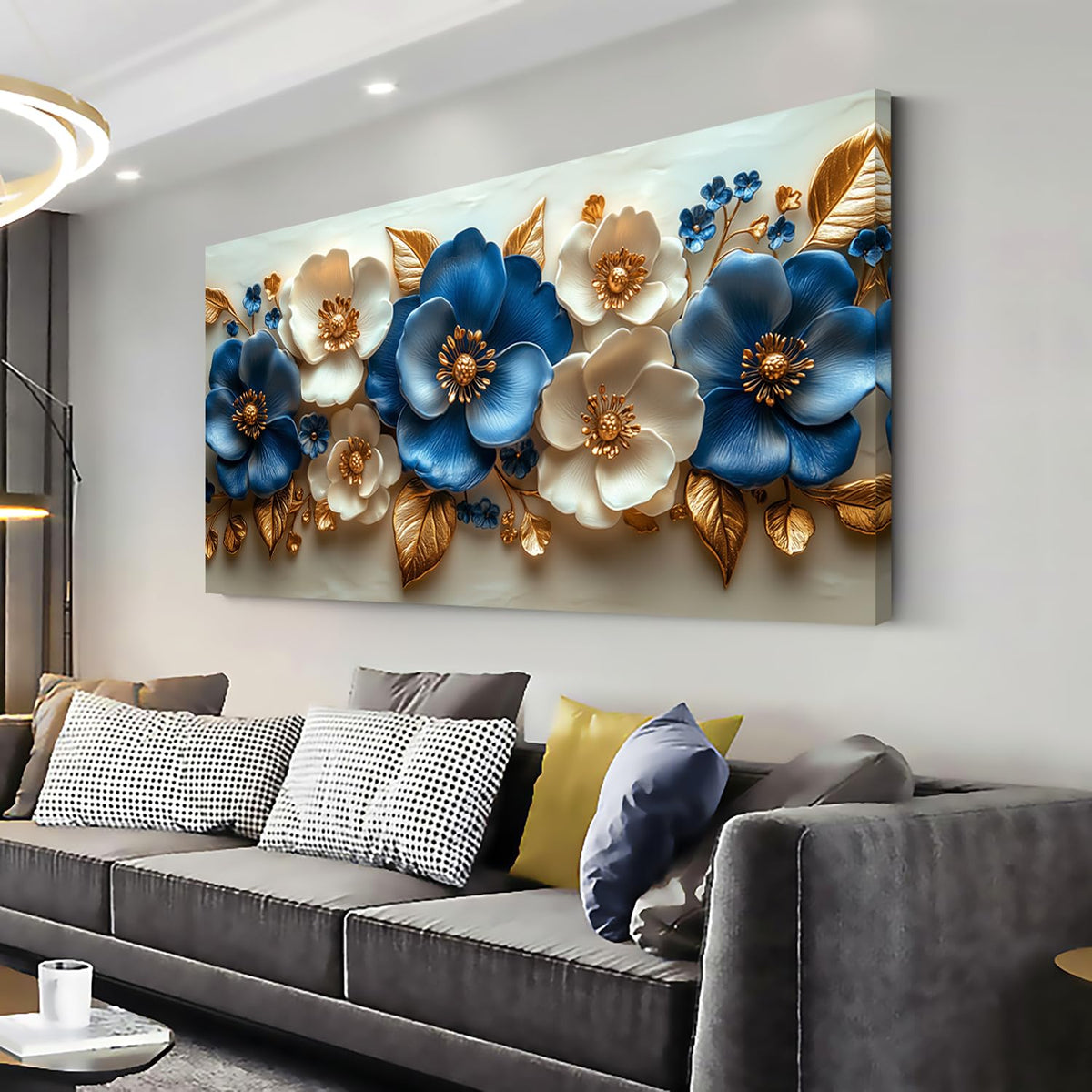 Abstract Beautiful Floral Flower Wall Art for Living Room Office Contemporary Art Deco White Nature Plant Painting Prints Modern Elegant Canvas Artwork Over the Couch Bedroom Decor Extra Large (58"L x 28"W / Blue and White Flower Wall Art (K867))