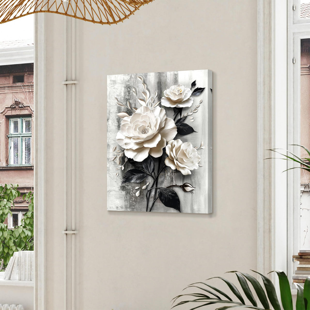 Elegant Rose Canvas Wall Art Print Modern White and Black Floral Picture Poster Abstract Blooming Flowers Painting Vintage Artwork for Living Room Bedroom Bathroom Office 12x16in (White Roses / 16"L x 12"W)