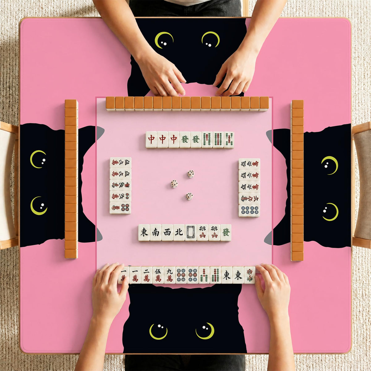 Funny Black Cat Pink Mahjong Mat for Table (Black Cat)