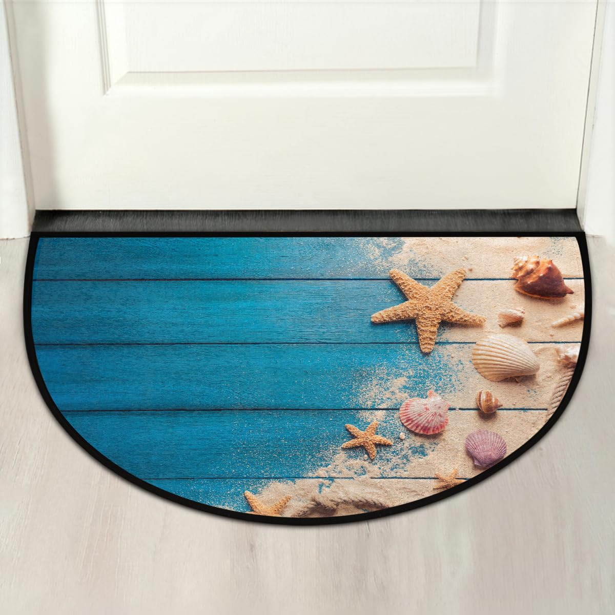 Blue Wood Beach Starfish Half Round Door Mat Non Slip Washable Semi Circle Area Rug Absorbent Soft Half Moon Rug Floor Mat for Indoor Outdoor Kitchen Bathroom Patio Front Door Mat Decor (A5)