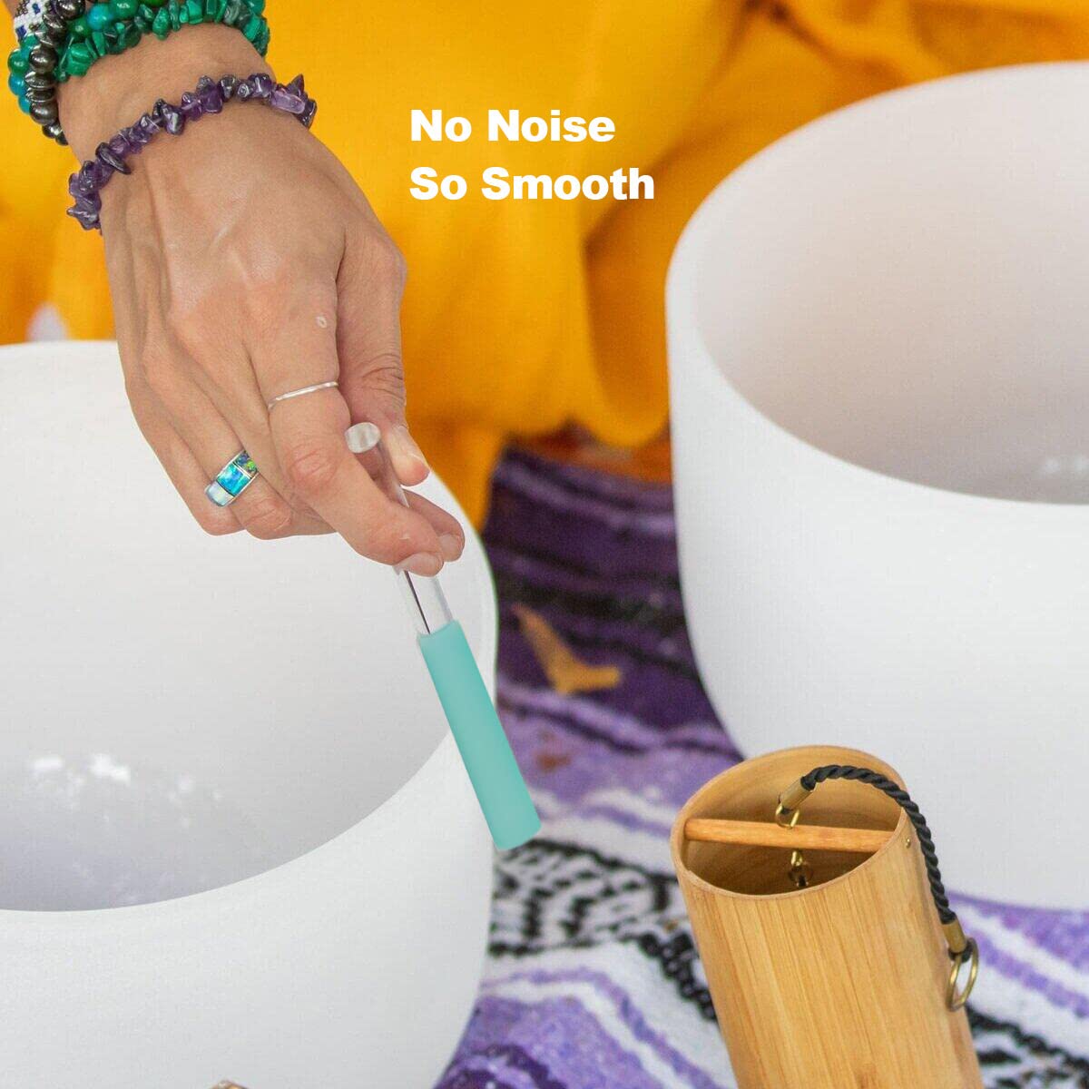 Singing Bowl Mallet Clear Acrylic Base Rubber Striker Mallet for Playing Quartz Crystal Singing Bowl with Bundle Pocket (green)