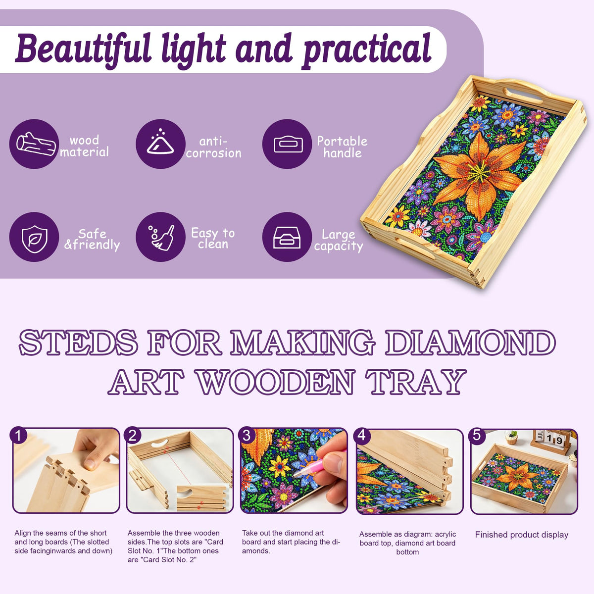 Flower Diamond Art Tray with Handles Arts and Crafts Home Decor 7.8×11.8 in (Flower)
