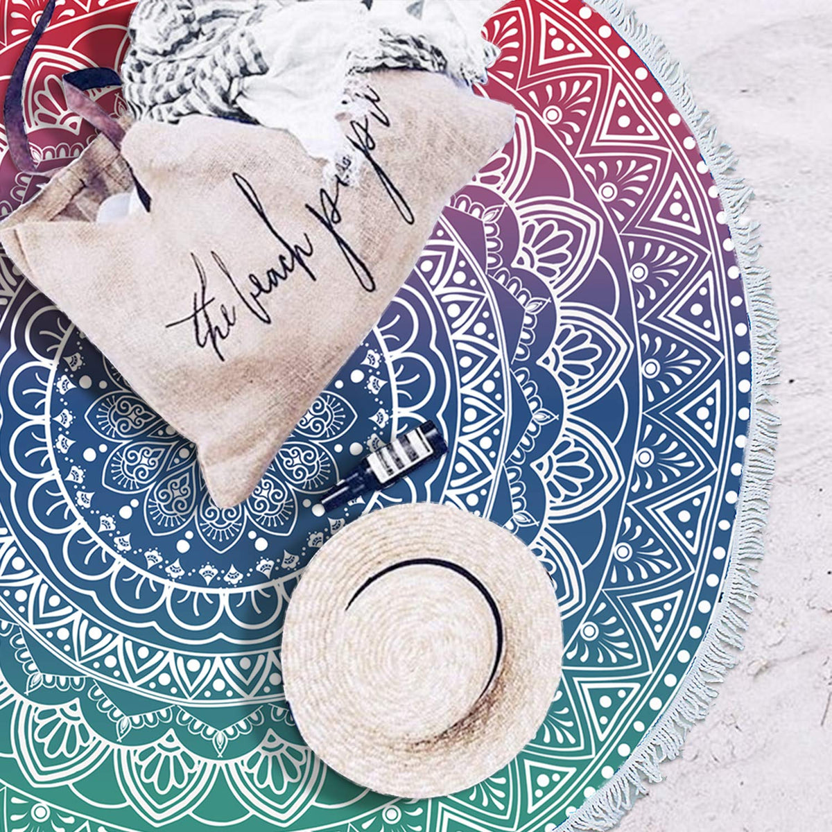Oversize Round Mandala Beach Towel Blanket (Green Pink Mandala Beach Towel)