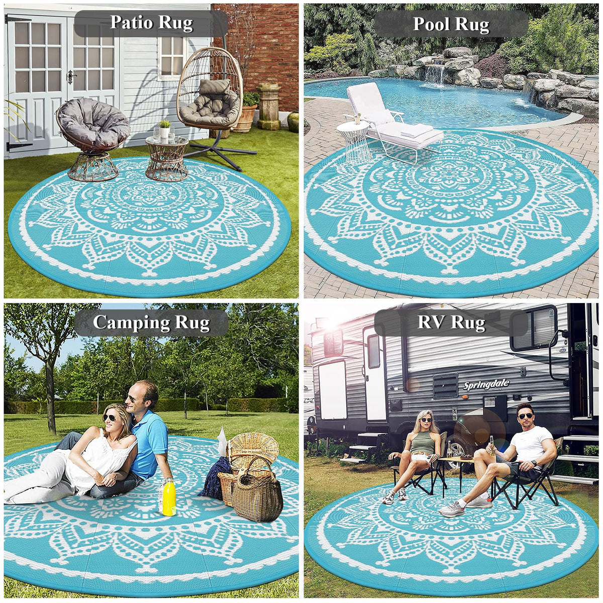 Waterproof Outdoor Rug 6ft Round Reversible Boho Plastic Straw Patio Deck Camping Rugs (Flower Teal / 6' (Round))