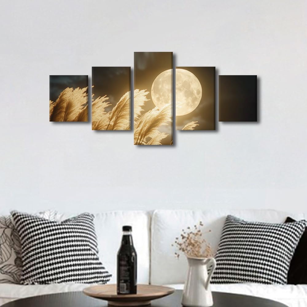Canvas Wall Art Moonlit Meadow Serenity Five Panel Framed Painting Nocturnal Landscape Decor Modern Nature Wall Art Rustic Farmhouse Decor Ready To Hang 50"Wx24"H (50''Wx24''H / Artwork-14)