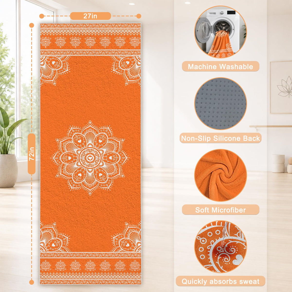 Yoga Towel Absorbent Yoga Mat Towel for Hot Yoga Non Slip (Orange Mandala / Casual)