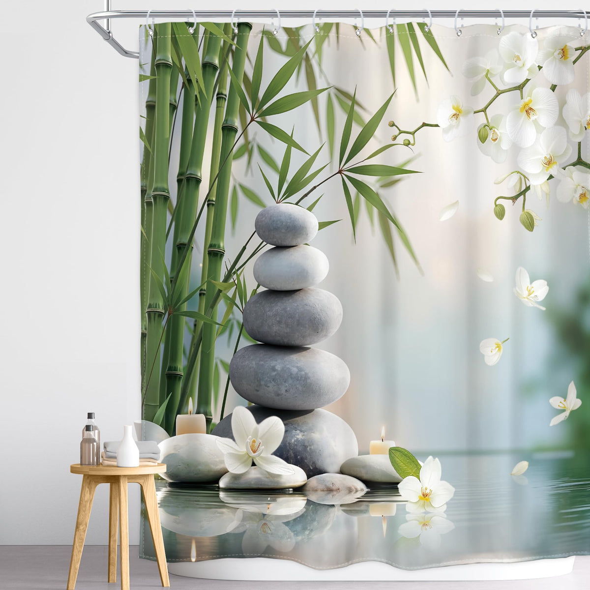 Zen Stone Meditation Shower Curtain Green Bamboo 60Wx72H Inch Decor (Zen01 / 60"W x 72"L (Pack of 1))