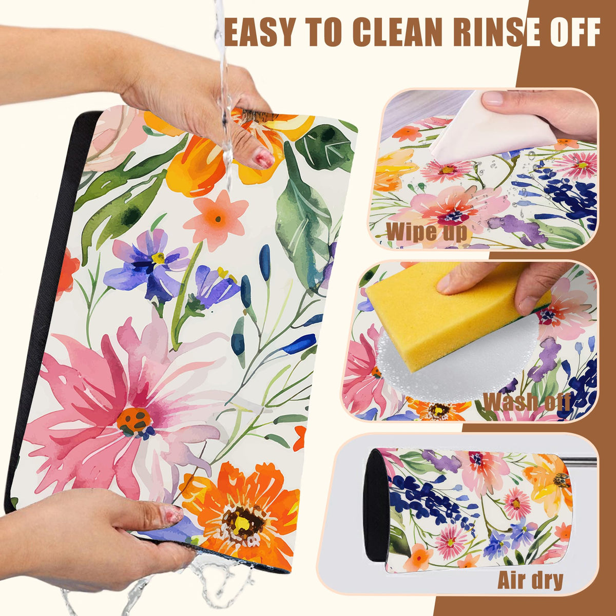 Dish Drying Mat Colorful Wildflowers Coffee Bar Mat for Countertop Absorbent Rubber Backed Hide Stain Dish Drainer Rack Pad Espresso Machine Cafe Table Dining Room Decoration 11.8 x 19.7 Inch (11.8" x 19.7")