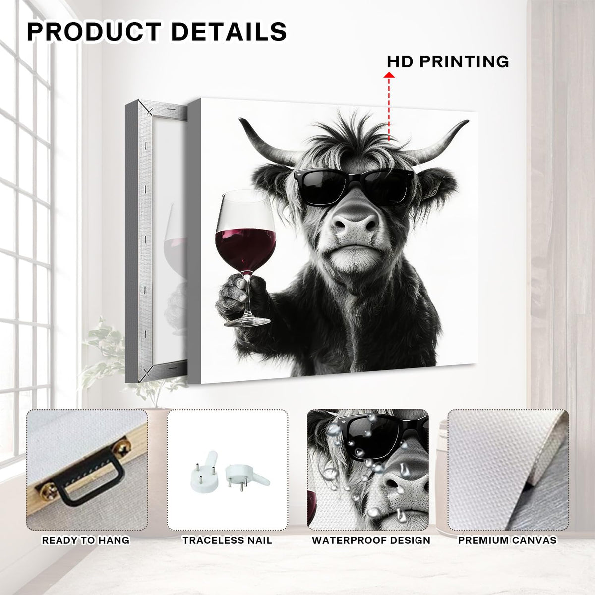 Funny Highland Cow Wall Art Cowboy Wall Decor Farmhouse Kitchen Decor Vintage Black and White Animals Pictures Canvas Prints Humor Cows Theme Paintings Posters Artwork Home Decorations 12x12” 4P (12"L x 12"W / Cow Drink)