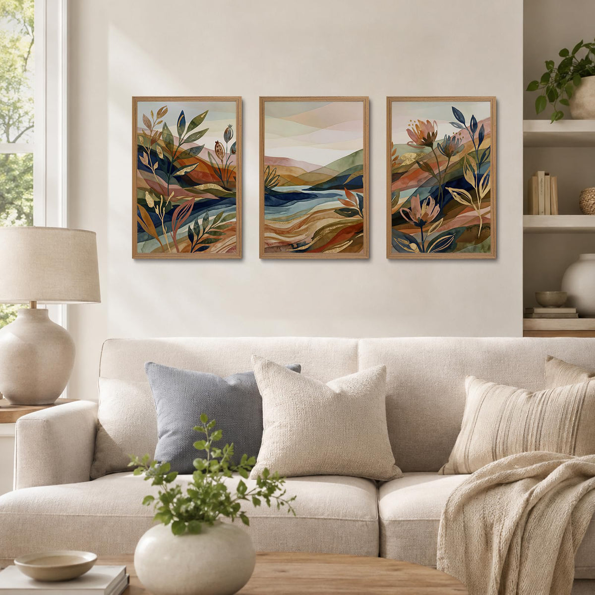 Abstract Landscape Framed Wall Art Set of 3 (Boho mountain floral / 24"L x 16"W)