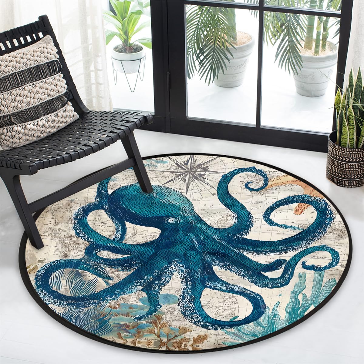 3 Ft Octopus Sea Round Rug Circle Area Rugs Circular Door Mat for Indoor (A:a-6 / 3'3" (Round))