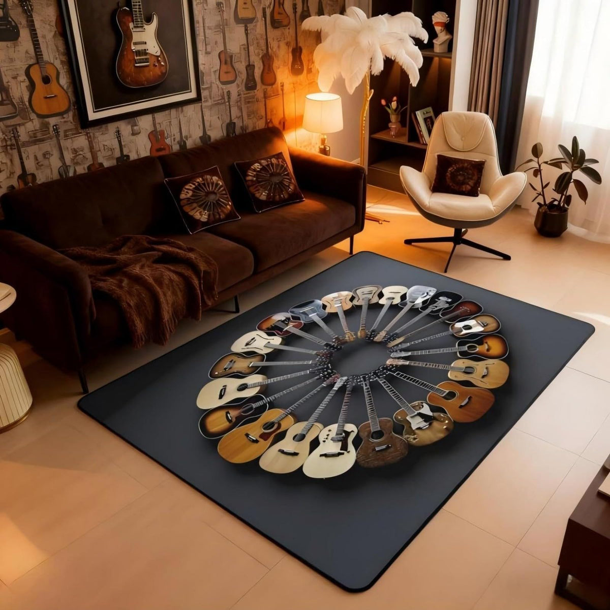 Round Guitar Area Rug 5x7 Musical Instruments (Black Brown Grey / 4'11" x 6'6" (Rectangular))