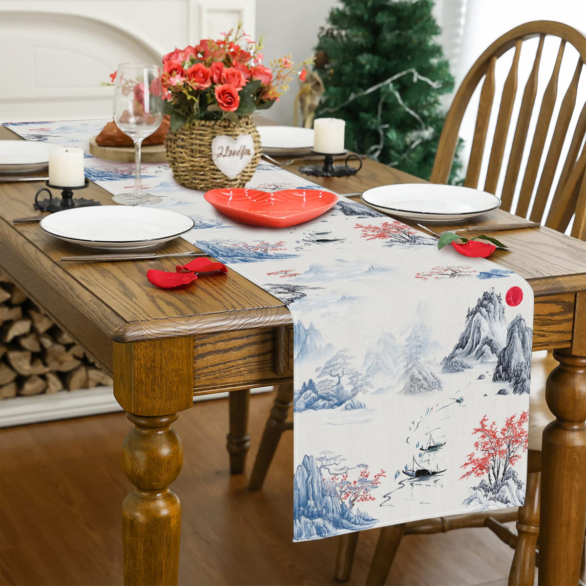 Chinese Ink Mountain Table Runner (13x90inch / Blue Mountain Boat)