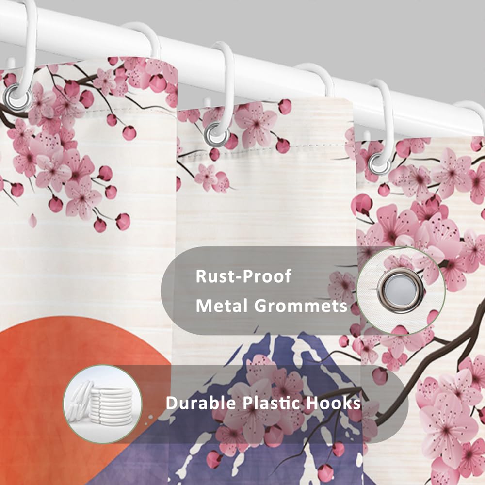 Japanese Cherry Blossom Shower Curtain Set for Bathroom Asia Cherry Blossom Shower Curtain Sun Clouds Pink Purple Fuji Mountain Sea Ocean Wave Spring Floral Flowers Waterproof Fabric (72"W x 96"L (Pack of 1) / Pink Purple)