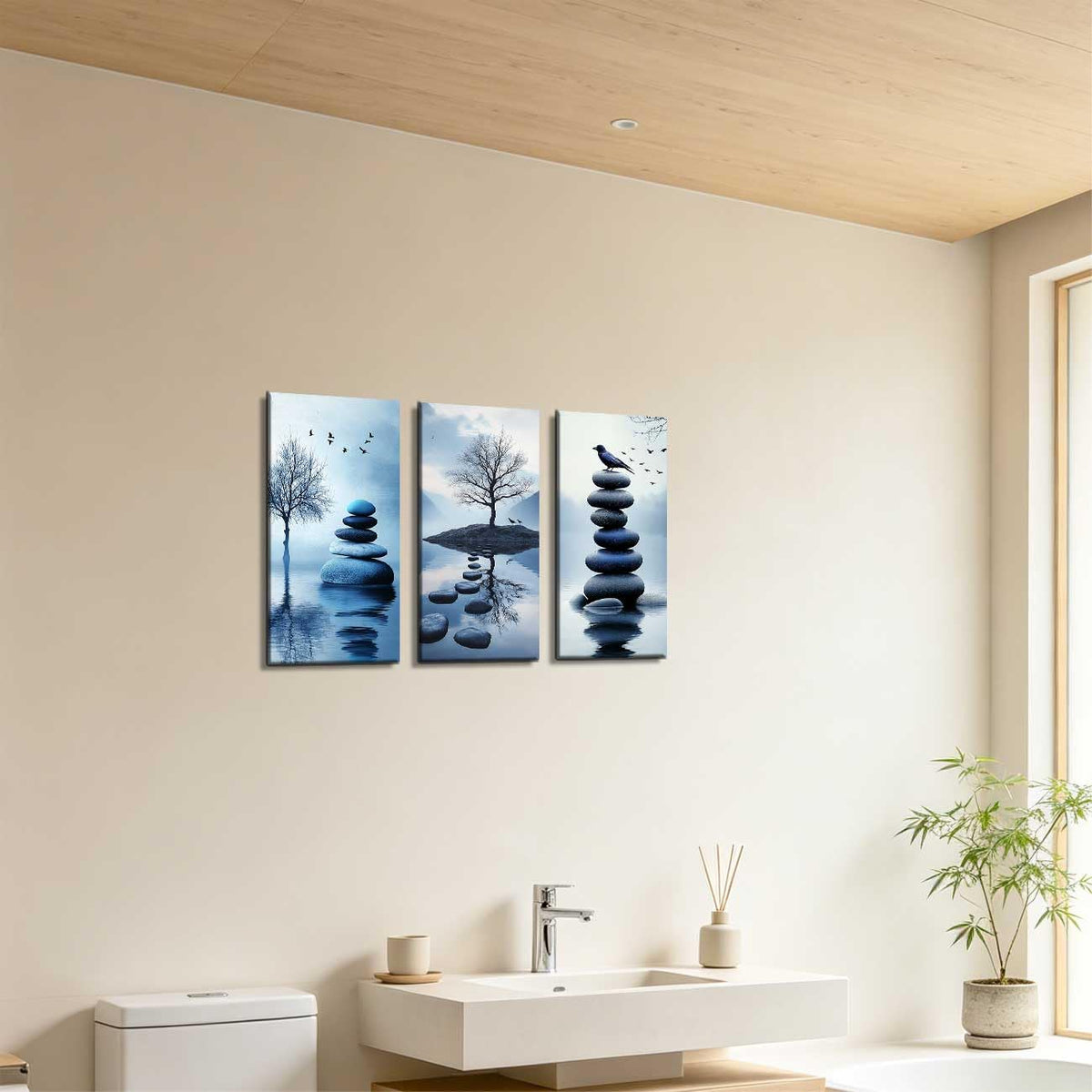 Set of 3 Zen Bathroom Canvas Wall Art Prints Blue Zen Stone & Bird Poster Water Lily with Butterfly Paintings Picture Yoga Meditation Artwork Spa Room Decor (Blue / 20x10inx3 Pieces)
