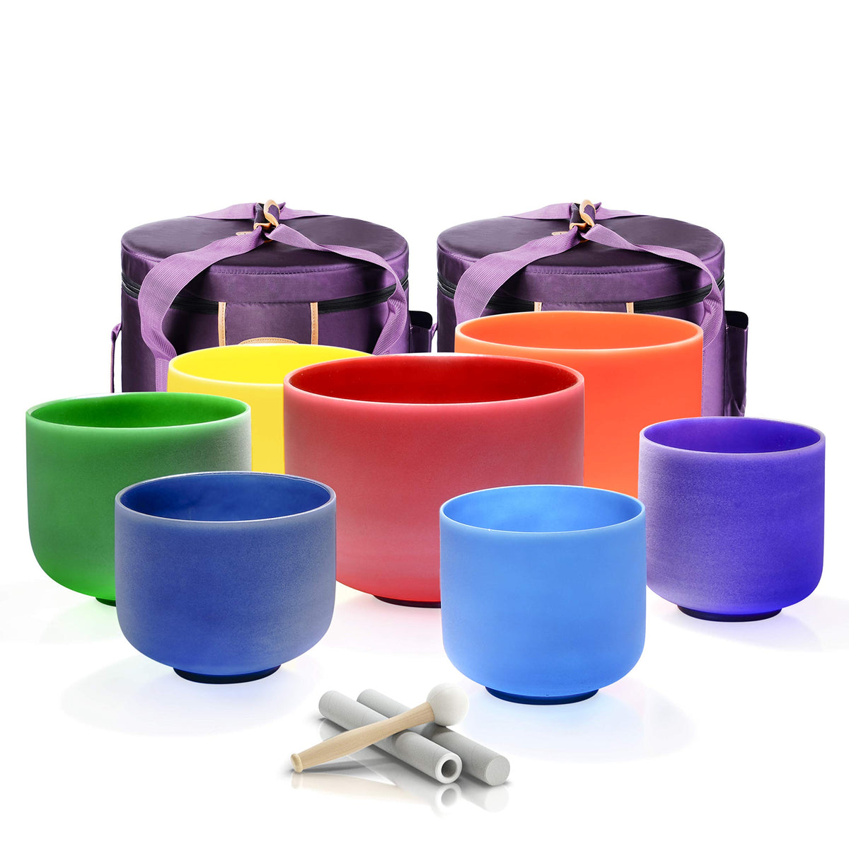 7 12 inch 432 Hz Chakra Set of 7 Color Crystal Singing Bowls with Heavy Duty Carrying Cases and Mallets (7-12 inch / 432Hz 7 Color Bowls Set)