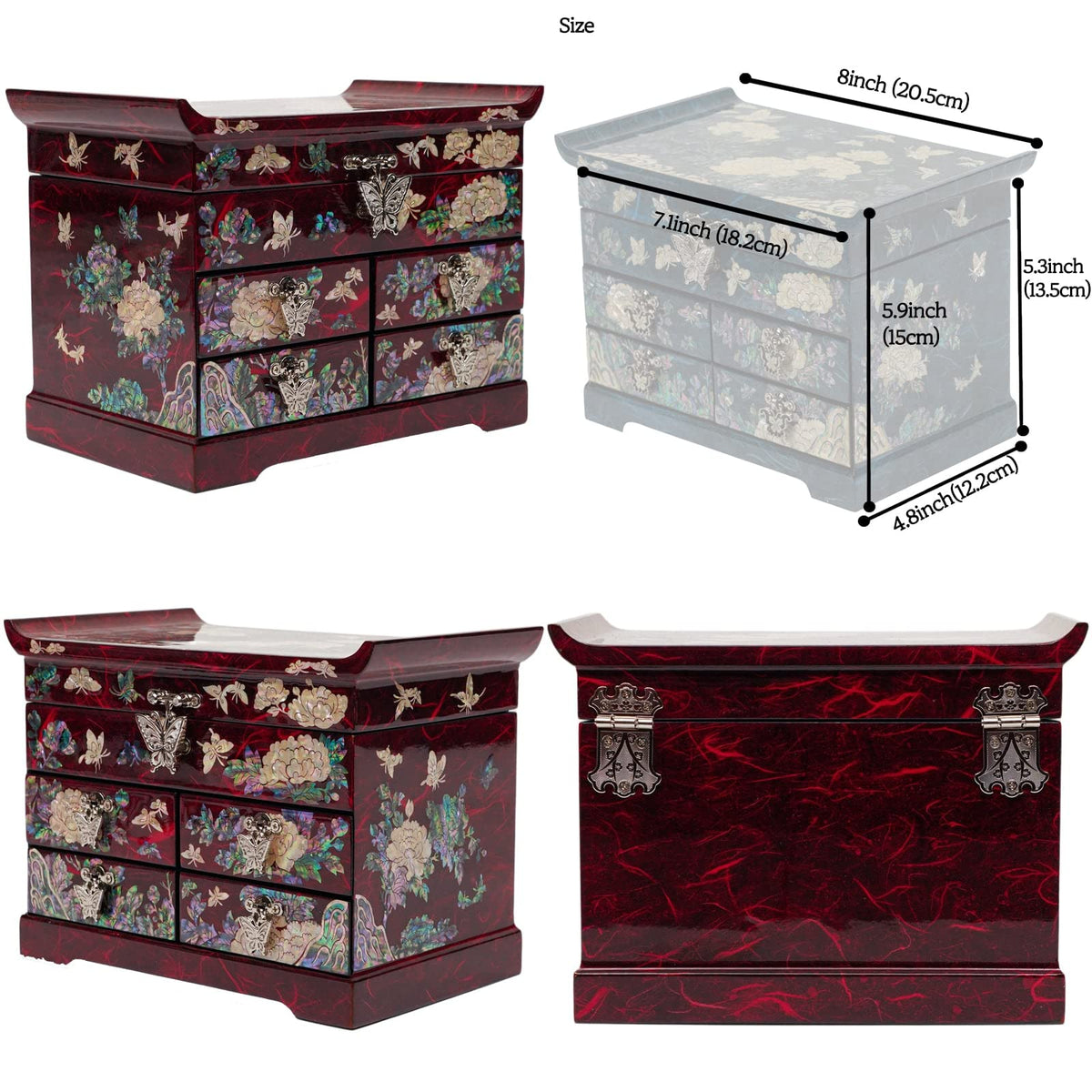 Mother of Pearl Wooden Jewelry Organizer Box (Peony_Red)