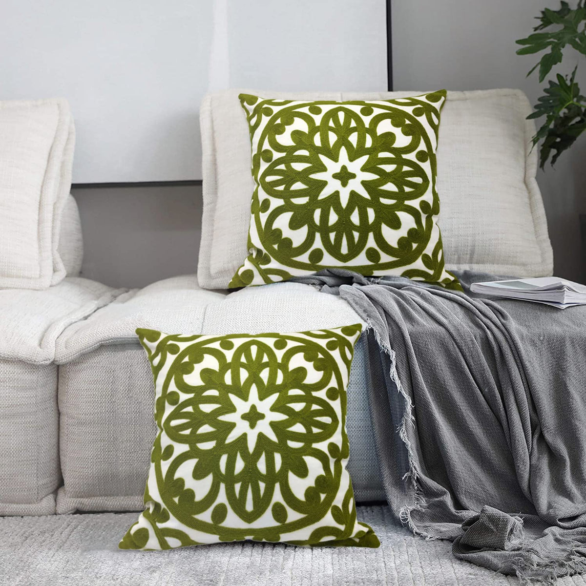 Boho Embroidered Throw Pillow Cover 18"x18" Set of 2 (Olive Green / 18" x 18" (Pack of 2))