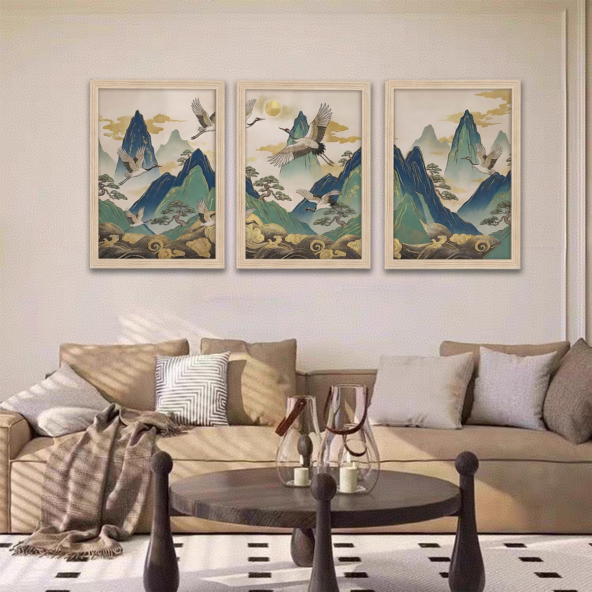 Framed 3Pcs Japanese Crane Canvas Wall Art (white / 24"L x 16"W)