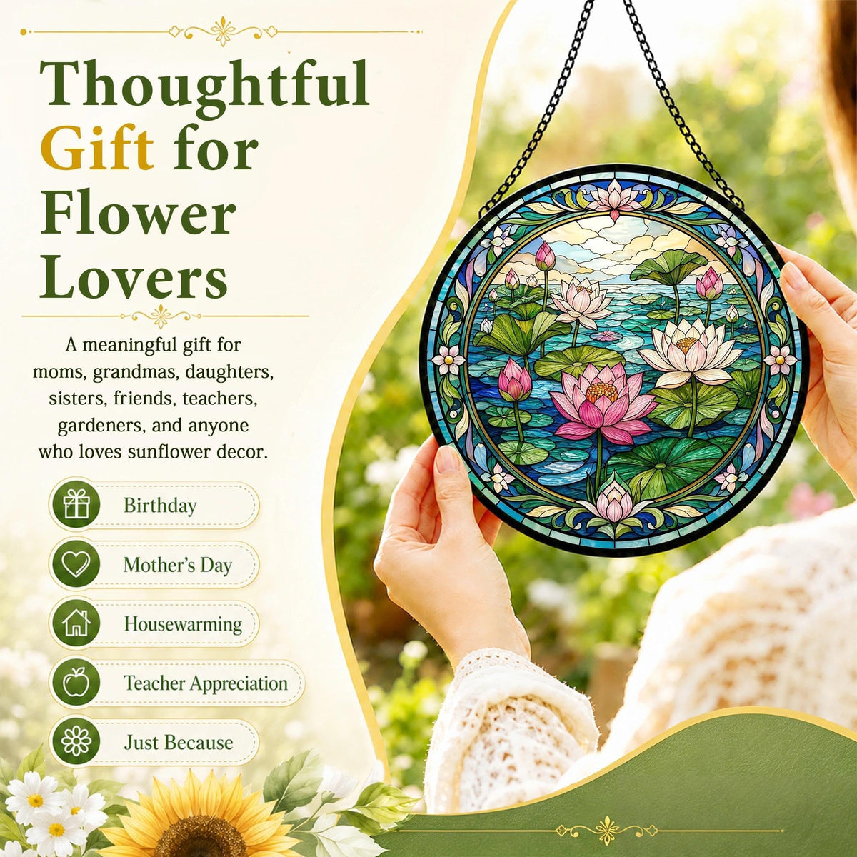Lotus Flower Suncatcher Stained Glass Window Hanging Lotus Gifts for Women Christmas Lotus Decor Zen Meditation Sun Catcher Home Yoga 6.3 in (Lotus / 6.3 x 6.3 IN)