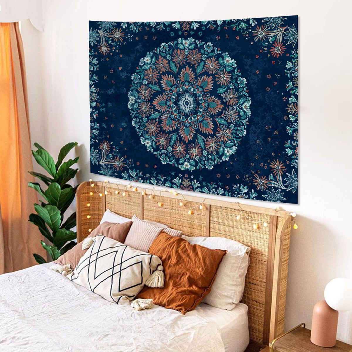 Boho Floral Mandala Tapestry Wall Hanging Blue Bohemian Flower Medallion Tapestry Aesthetic Vintage Navy Hippie Indian Small Tapestries for Bedroom Living Room Dorm Decor 48 x 36 Inch (Navy Blue / 48"L x 36"W)
