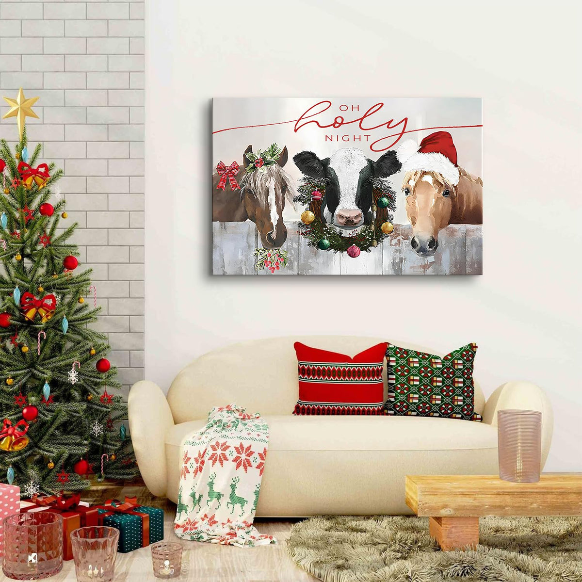 Farmhouse Animals Wall Art Cute Country Farm Horse Cow Canvas Prints Framed Artwork Christmas Accent Decoration for Bedroom Living Room Retro Abstract Barn Poster Xmas Holiday Party Home Decor 32x48 (48"L x 32"W / Vintage Cow)