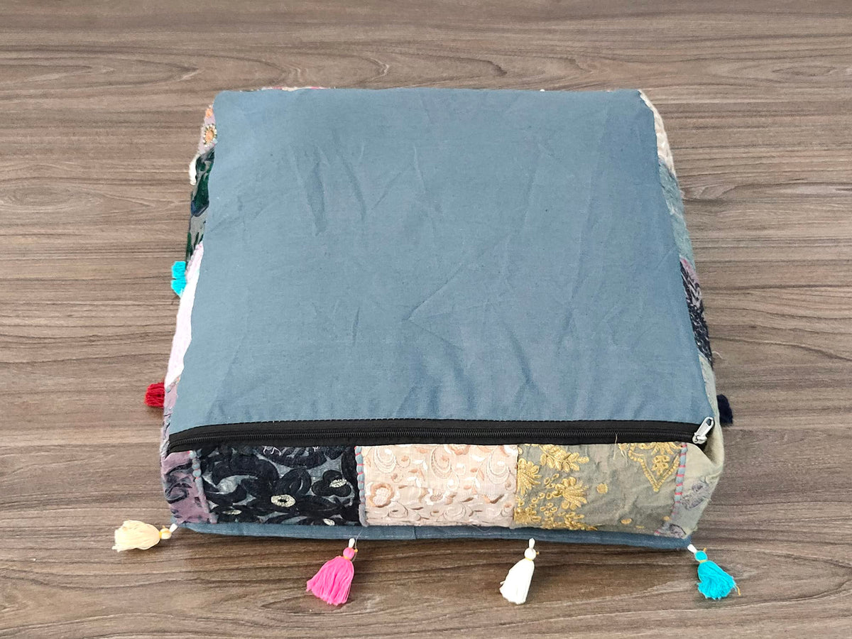 Indian Square Patchwork Traditional Pouf Cover Indian Living Room Poufs Decorative Embroidered Designer Ottoman Home Living Footstool Chair Cover Decor Pillow Cover 16x16x5 inches (16"D x 16"W x 5"H / Grey)