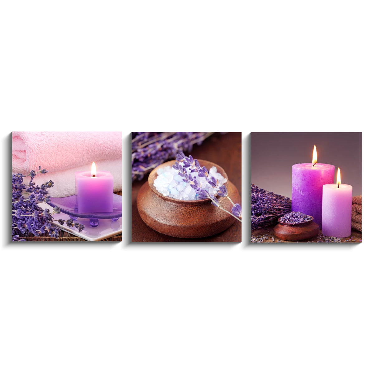 Zen Canvas Wall Art Spa Still Life With Purple Aromatherapy Candles And Zen Stone Aroma Lavender Flower Painting Pictures Print on Canvas Ready to Hang for Bathroom Decoration (12X12inchX3pcs / aromatherapy)