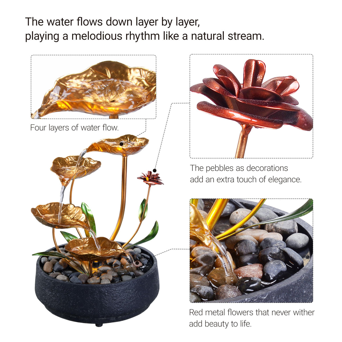 Tabletop Water Fountain Metal Lotus Circulating Fountain (Antique Gold)