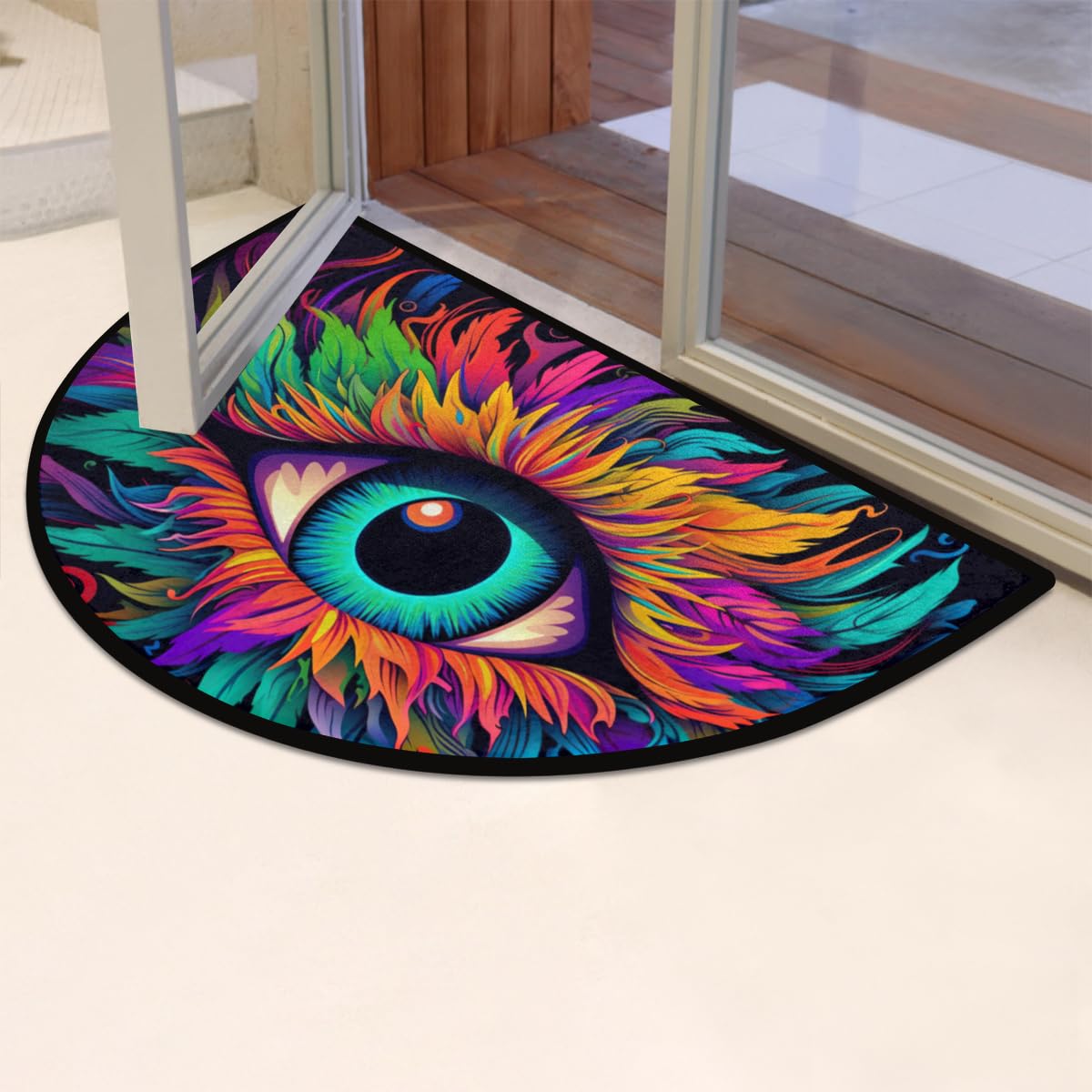 Colorful Eyes Abstract Print Half Round Door Mat Outdoor Entrance Large 24"x36" Half Circle Welcome Entrance Way Mat Semi Circular Front Door Mats Area Rug for Garage (H 02)