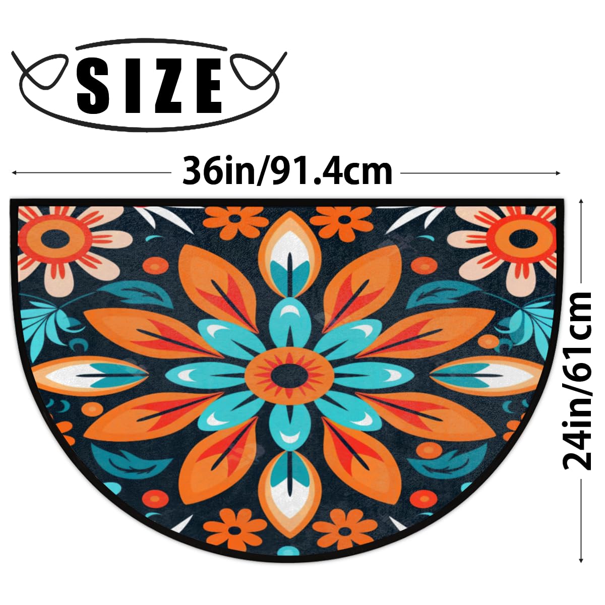 Mandala Flower Half Round Doormat Mandala Floral Washable Semi Circle Area Rug Non Slip Absorbent Half Moon Rug for Indoor Outdoor Bathroom Kitchen Patio Front Welcome Fireplace Hearth Floor Mat (D03:flower)