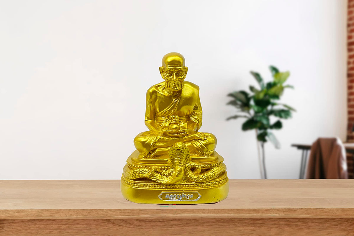 Luang Pu Thuad Buddha Statue Gold Buddha Statue 5" H. Thai Buddhist Saint Thai Buddha Statue Room Decor Home Decor Small Gift Office Gift (Mable White)