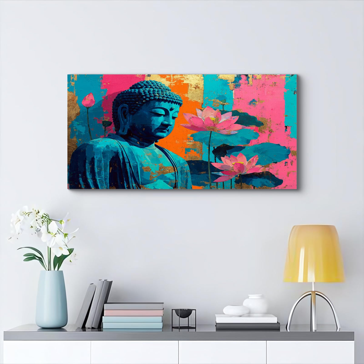 1Pcs Colorful Buddha Lotus Flower Wall Art Canvas Print with Gold Foil Vibrant Zen Meditation Decor Modern Asian Spiritual Artwork for Living Room Bedroom Yoga Studio (16"L x 8"W / 1PCS-Blue Buddha)