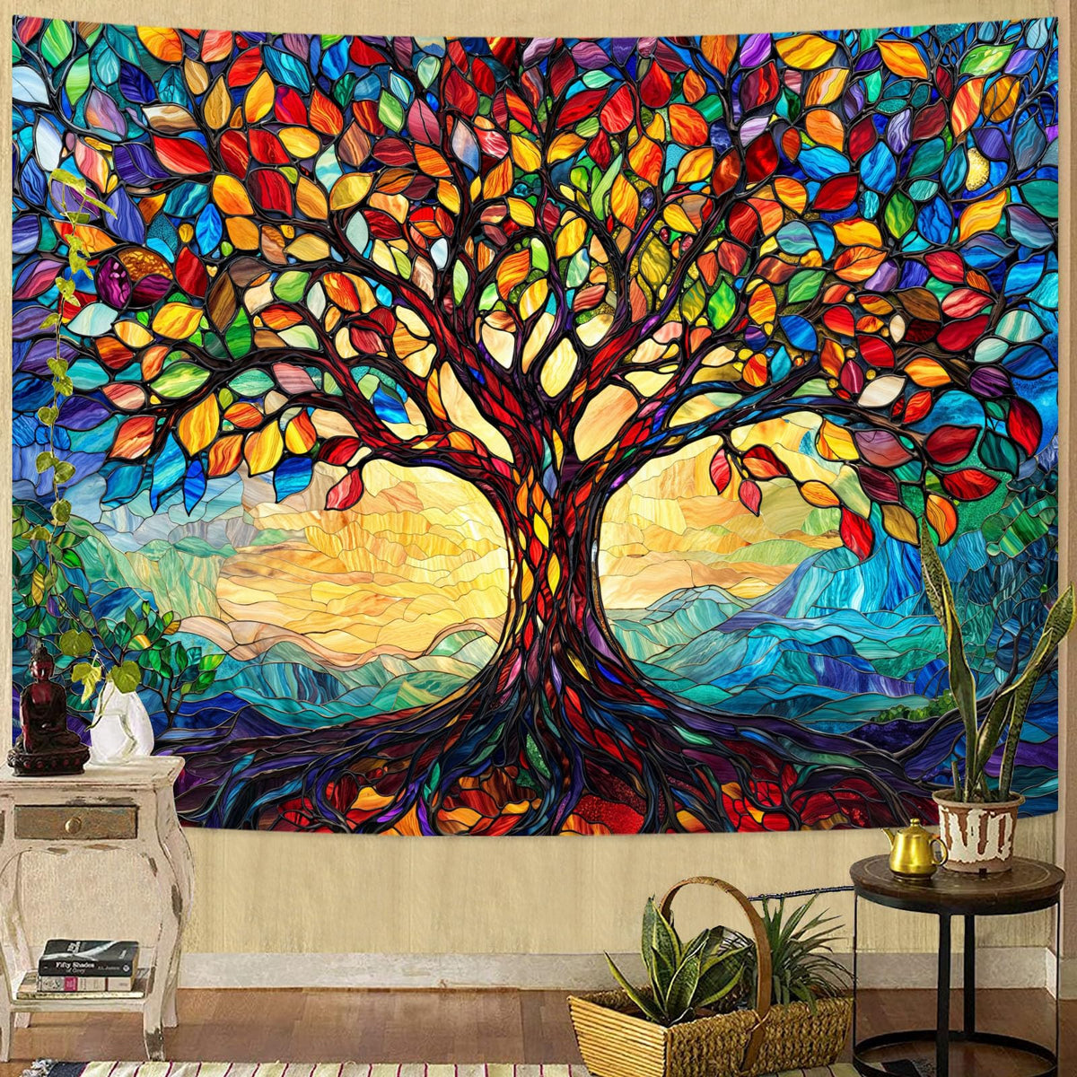 Tree of Life Tapestry Stained Glass Tapestry Wall Decor Tapestries for Bedroom Art Tapestries Wall Hanging for Bedroom Living Room Glass (80"L x 60"W / Colorful Blue)