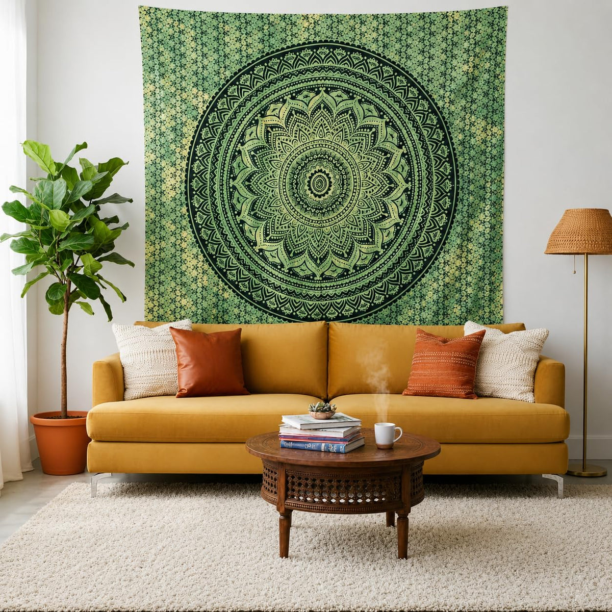 Handmade Cotton Mandala Wall Tapestry (Green / 60"L x 50"W)