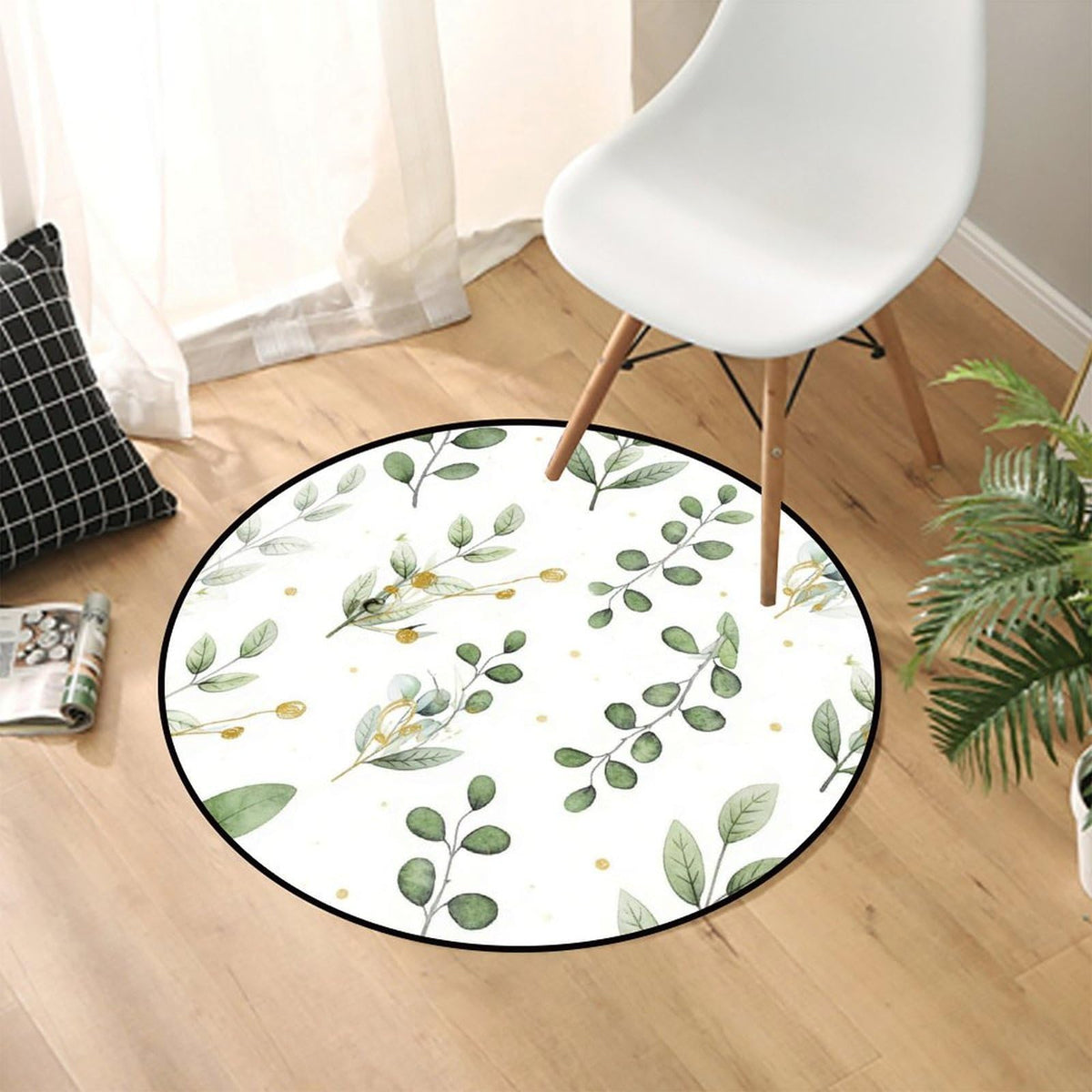 Round Area Rugs 4 FT Washable Non Slip Circle Rug (Watercolor Green Leaves With Gold Accents Pattern / 4' (Round))