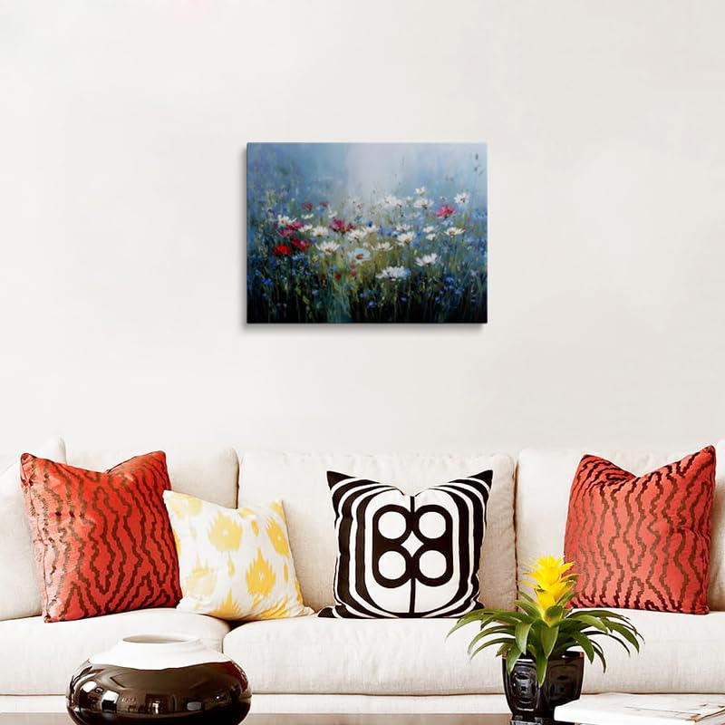 Wildflower Field Canvas Wall Art Framed Print Painting Red and White Blooms Impressionist Serene Wall Decor Artwork Poster Soft Blue Green Background for Living Room Bedroom Nursery Decor 12x16 Inches (wildflowers / 16"L x 12"W)